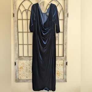 New Alex Evenings Navy Blue Velvet Draped Maxi Dress Size 18W
